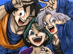  2boys :d ;d aqua_hair arms_up black_eyes black_hair blue_background blue_eyes cigarette close-up denim denim_jacket dougi dragon_ball dragon_ball_z holding hug jacket lavender_hair looking_at_viewer mati mother_and_son multiple_boys one_eye_closed open_mouth scar short_hair simple_background smile teeth upper_body v wristband 