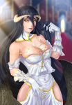  1girl albedo bare_shoulders black_hair black_wings breasts cleavage detached_collar feathered_wings gloves large_breasts long_hair low_wings overlord_(maruyama) tagme white_gloves wings yellow_eyes 