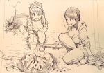  :d bangs bare_legs breasts campfire cleavage commentary eyebrows_visible_through_hair firewood gloves haiokumantan_c hair_intakes high_ponytail highres hino_akane_(idolmaster) hood hood_down hoodie idolmaster idolmaster_cinderella_girls large_breasts lined_paper long_hair looking_at_another looking_down monochrome multiple_girls open_mouth outdoors outstretched_arm pants ponytail reaching sepia shoes shorts sleeves_rolled_up smile traditional_media tree_stump wavy_hair yamato_aki 