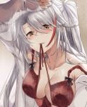  against_fourth_wall antenna_hair arm_up azur_lane bangs blush bra breasts brown_eyes cleavage collarbone condensation eyebrows_visible_through_hair eyes_visible_through_hair hair_between_eyes hair_ribbon ks large_breasts lingerie long_hair looking_at_viewer mole mole_on_breast mouth_hold multicolored_hair off_shoulder open_clothes open_shirt prinz_eugen_(azur_lane) red_bra red_hair ribbon shirt sidelocks silver_hair smile solo streaked_hair two_side_up underwear untied_bra upper_body very_long_hair wet white_shirt 
