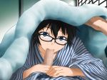  1girl :&gt;= black-framed_eyewear black_hair blue_eyes blush breasts censored clownculture fellatio glasses hair_between_eyes highres indoors japanese_clothes kimono looking_at_viewer lying mosaic_censoring oral original penis pov short_hair solo_focus striped under_covers wide_sleeves 