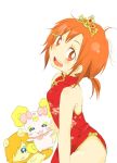  bare_shoulders blush breasts candy_(smile_precure!) china_dress chinese_clothes commentary_request creature dress gold_trim hair_ornament high_collar hino_akane_(smile_precure!) looking_at_viewer medium_hair mikaru_(722193) open_mouth pop_(smile_precure!) precure red_dress sleeveless sleeveless_dress small_breasts smile smile_precure! white_pupils x_hair_ornament 