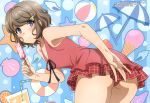 absurdres annoyed aqua_inc. ass ball bare_shoulders beach_umbrella beachball black_ribbon blue_eyes blush breasts bubble cleavage covering covering_ass cup dress_swimsuit drinking_glass drinking_straw error food hair_ornament hairclip highres holding holding_food ice_cream innertube koga_tomoe leaning_forward light_brown_hair looking_at_viewer looking_back magazine_scan medium_breasts megami melting official_art oyster pink_swimsuit plaid plaid_swimsuit popsicle ribbon scan seashell seishun_buta_yarou shell shiny shiny_hair short_hair solo starfish striped striped_background swimsuit umbrella vertical-striped_background vertical_stripes 