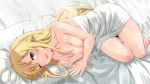  antenna_hair bangs barefoot bed bed_sheet blanket blonde_hair blush breasts collarbone commentary_request covering eyebrows_visible_through_hair green_eyes hair_ornament highres long_hair looking_at_viewer lying medium_breasts naked_sheet nude nude_cover on_side one_eye_closed open_mouth pillow smile solo takeda_yukimura tsurumaki_maki under_covers voiceroid 