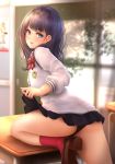  anakin_sky_(utcc) black_panties black_skirt blue_eyes blue_hair blush cardigan chair classroom highres indoors leg_up lifted_by_self long_hair long_sleeves panties pantyshot parted_lips pleated_skirt red_neckwear school_uniform skirt skirt_lift smile solo ssss.gridman table takarada_rikka underwear uniform 