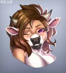  2018 angelette anthro black_nose bovine breasts brown_eyebrows brown_hair bust_portrait cattle cleavage clothed clothing ear_piercing eyebrows eyelashes female fur grey_background hair headshot_portrait horn looking_at_viewer mammal multicolored_fur nude one_eye_closed piercing portrait purple_eyes radiant_scar simple_background smile solo tan_fur teeth two_tone_fur white_ears white_fur wink 