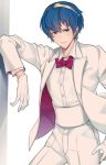  blue_eyes blue_hair fire_emblem fire_emblem:_monshou_no_nazo fire_emblem_heroes formal gloves groom highres looking_at_viewer male_focus marth messatsu_tan short_hair simple_background smile solo suit tiara tuxedo white_suit 