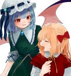  :d ^_^ alternate_costume bangs bat_wings black_wings blonde_hair blue_hair blue_ribbon blunt_bangs blush bow brooch closed_eyes commentary_request dress fang fingernails flandre_scarlet gotoh510 green_dress hair_bow hand_on_another's_head hat jewelry medium_hair mob_cap multiple_girls open_mouth pointy_ears profile red_bow red_dress red_eyes remilia_scarlet ribbon ribbon-trimmed_sleeves ribbon_trim siblings simple_background sisters smile touhou upper_body white_background white_hat wings 