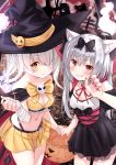  animal_ear_fluff animal_ears ayanami_(azur_lane) azur_lane bandage_over_one_eye bangs bare_shoulders black_bow black_cape black_dress black_hat blush bow breasts brown_eyes cape cat_ears claw_pose cleavage closed_mouth collarbone commentary_request demon_tail detached_collar dress eyebrows_visible_through_hair fingernails grin hair_between_eyes hair_bow halloween hand_up hat highres long_hair looking_at_viewer medium_breasts midriff multicolored multicolored_cape multicolored_clothes multiple_girls nail_polish navel neck_ribbon pink_nails pleated_skirt red_cape red_nails red_ribbon ribbon silver_hair skirt skull small_breasts smile spirit tail tombstone tsukiman twintails very_long_hair white_collar wing_collar witch_hat yellow_skirt yukikaze_(azur_lane) 