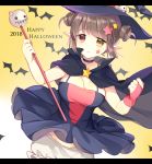  2018 bangs black_cape black_dress black_hat bloomers brown_cape brown_eyes brown_hair cape commentary double_bun dress dutch_angle eyebrows_visible_through_hair gradient gradient_background hair_ornament halloween happy_halloween hat heterochromia holding holding_wand leafwow letterboxed multicolored multicolored_cape multicolored_clothes original pointy_ears red_eyes side_bun single_bridal_gauntlet sleeveless sleeveless_dress solo star star_hair_ornament underwear wand white_background white_bloomers witch_hat yellow_background 