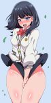  bangs black_hair black_skirt blue_eyes blush bow cardigan covering covering_crotch highres hips kani_club leaf long_hair long_sleeves microskirt no_panties nose_blush open_mouth red_bow school_uniform shirt skirt skirt_lift skirt_tug solo ssss.gridman sweatdrop sweater takarada_rikka thighs white_shirt white_sweater wind wind_lift 