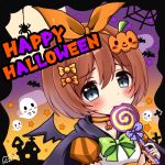  artist_name bangs bat bat_wings black_cape black_wings blue_eyes blush bow brown_hair bug candy cape commentary_request eyebrows_visible_through_hair food ghost gradient_sky green_bow hair_between_eyes hair_bow halloween happy_halloween head_tilt heart heart_in_eye highres holding holding_food holding_lollipop kuribayashi_kurumi lollipop looking_at_viewer nyano21 orange_bow orange_sky polka_dot polka_dot_bow princess_connect! princess_connect!_re:dive puffy_short_sleeves puffy_sleeves purple_sky shirt short_hair short_sleeves signature silk sky solo spider spider_web star swirl_lollipop symbol_in_eye upper_body white_shirt wings yellow_bow 