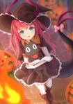  :d bangs blue_eyes boots bow cat claws commentary_request cross-laced_footwear dragon_girl dragon_tail dress dutch_angle elizabeth_bathory_(fate) elizabeth_bathory_(fate)_(all) fate/grand_order fate_(series) hair_between_eyes halloween halloween_costume hat holding inora jack-o'-lantern knee_boots lace-up_boots long_hair looking_at_viewer nichijou open_mouth outdoors pink_hair pumpkin sakamoto_(nichijou) smile solo standing tail tail_bow white_legwear witch_hat 