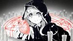  bangs blush candle closed_mouth commentary_request eyebrows_visible_through_hair giving greyscale hands_up heart_(organ) highres hood inktober kintsao long_hair looking_at_viewer magic_circle monochrome original robe smile solo spot_color 