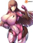  1girl blue_eyes bodysuit breasts brown_hair curvy female gloves haganef huge_breasts koukawa_asuka long_hair nipples shiny shiny_skin simple_background smile solo taimanin_(series) taimanin_asagi taimanin_asagi_3 thighs white_background 