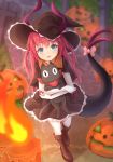  :d bangs blue_eyes blush boots bow cat claws commentary_request cross-laced_footwear dragon_girl dragon_tail dress dutch_angle elbow_gloves elizabeth_bathory_(fate) elizabeth_bathory_(fate)_(all) fate/grand_order fate_(series) gloves hair_between_eyes halloween halloween_costume hat holding inora jack-o'-lantern knee_boots lace-up_boots long_hair looking_at_viewer nichijou open_mouth outdoors pink_hair pumpkin sakamoto_(nichijou) smile solo standing tail tail_bow white_legwear witch_hat 