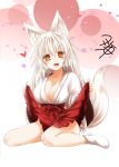  animal_ears bangs bare_legs blush breasts cleavage collarbone commentary_request eyebrows_visible_through_hair fox_ears fox_tail hair_between_eyes heart holding_skirt japanese_clothes kohaku_(yua) large_breasts looking_at_viewer miko no_panties open_mouth oppai_loli original red_skirt shirt signature sitting skirt slit_pupils socks solo tail wariza white_hair white_legwear white_shirt yellow_eyes yua_(checkmate) 
