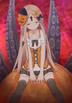  abigail_williams_(fate/grand_order) absurdres bangs between_legs black_bow blush bow brown_legwear brown_skirt closed_mouth collarbone cross-laced_clothes fate/grand_order fate_(series) forehead frilled_skirt frills grin hair_bow halloween hand_between_legs head_tilt highres keyhole light_brown_hair long_hair mask mask_on_head orange_bow parted_bangs pleated_skirt polka_dot polka_dot_bow puffy_short_sleeves puffy_sleeves red_eyes shirt short_sleeves skirt smile solo su_guryu suction_cups tentacles thighhighs underbust very_long_hair white_shirt 