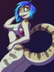  2018 anthro blue_hair bottomless butt_pose clothed clothing dinosaur female girly green_eyes hair hi_res ldr raptor simple_background smile solo theropod 