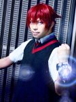  1boy bangs blue_eyes collared_shirt cosplay hibiki_yuuta hibiki_yuuta_(cosplay) male_focus necktie photo red_hair red_neckwear school_uniform shirt short_hair short_sleeves solo ssss.gridman waistcoat white_shirt wing_collar 