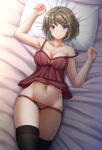  arm_up bad_id bad_pixiv_id bangs bare_arms bare_shoulders bed_sheet black_legwear blue_eyes blush bow bow_panties breasts brown_camisole brown_hair brown_panties camisole cleavage closed_mouth collarbone eyebrows_visible_through_hair fingernails hair_ornament highres kazenokaze koga_tomoe looking_at_viewer lying medium_breasts navel on_back panties pillow seishun_buta_yarou short_hair skindentation solo strap_slip thighhighs underwear 