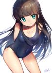  aqua_eyes arms_behind_back bangs black_hair blue_swimsuit blunt_bangs blush breasts closed_mouth collarbone commentary_request covered_navel cowboy_shot eyebrows_visible_through_hair half_updo hashtag head_tilt highres leaning_forward light_smile long_hair looking_at_viewer old_school_swimsuit one-piece_swimsuit original school_swimsuit sea_scorpion_(umisasori) sidelocks simple_background sketch small_breasts smile solo standing straight_hair swimsuit twitter_username very_long_hair white_background 