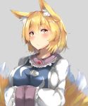  animal_ear_fluff animal_ears blonde_hair dress fox_ears fox_tail grey_background hands_in_opposite_sleeves highres long_sleeves looking_at_viewer multiple_tails neko_pachi no_hat no_headwear short_hair simple_background solo tabard tail touhou upper_body white_dress yakumo_ran yellow_eyes 