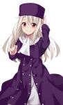  arm_up bangs blush closed_mouth commentary_request eyebrows_visible_through_hair fate/stay_night fate_(series) hair_between_eyes hand_on_headwear hat head_tilt highres illyasviel_von_einzbern kohakope light_brown_hair long_hair long_sleeves purple_coat purple_hat red_eyes scarf simple_background smile solo very_long_hair white_background white_scarf 