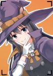  ame-rain animal_ears asashio_(kantai_collection) black_hair blue_eyes bow buttons cape cat_ears closed_mouth commentary_request dress gloves hair_between_eyes halloween hat highres kantai_collection long_hair long_sleeves neck_ribbon orange_bow pinafore_dress purple_cape purple_hat reaching_out remodel_(kantai_collection) ribbon searchlight self_shot shirt simple_background smile solo white_shirt witch witch_hat 