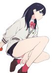  1girl black_hair black_skirt blue_eyes bow cardigan closed_mouth collared_shirt expressionless female long_hair long_sleeves looking_at_viewer microskirt pleated_skirt red_bow scrunchie shirt simple_background sitting skirt sohin solo ssss.gridman takarada_rikka white_background wrist_scrunchie 