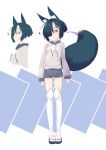  1girl animal_ears black_hair female fox_ears fox_tail grin hair_ornament hair_over_one_eye hairclip neru_tanuki original short_hair short_shorts shorts smile solo tail thighhighs 