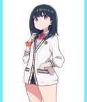  bangs black_hair black_skirt blue_eyes bow chan_co commentary_request earphones eyebrows_visible_through_hair hand_in_pocket long_hair long_sleeves looking_at_viewer miniskirt orange_scrunchie pillarboxed pleated_skirt red_neckwear school_uniform scrunchie shiny shiny_hair shirt simple_background skirt solo ssss.gridman standing takarada_rikka white_background white_cardigan white_shirt 