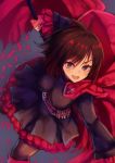  1girl black_dress black_hair breasts cape cloak corset crescent_rose dress frilled_dress frills full_body hood hooded_cloak medium_breasts red_cape red_hair ruby_rose rwby short_hair silver_eyes solo standing thighhighs 