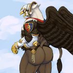  anthro armor avian beak beaquis_(character) butt feathers helmet hi_res hippogryph hladilnik male solo warhammer_(franchise) warhammer_fantasy wings yellow_eyes 