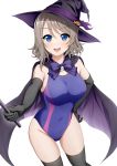  :d bangs black_cape black_legwear blue_eyes blue_swimsuit blush breasts cape commentary_request competition_swimsuit covered_navel elbow_gloves eyebrows_visible_through_hair ghost gloves green_hair halloween hand_on_hip hat holding holding_wand looking_at_viewer love_live! love_live!_sunshine!! medium_breasts one-piece_swimsuit open_mouth pumpkin short_hair simple_background smile solo standing suzume_miku swimsuit thighhighs upper_teeth wand watanabe_you white_background witch_hat 