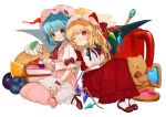  ;t adapted_costume almond ascot bangs bat_wings bear black_neckwear black_ribbon blonde_hair blue_hair blueberry blush bobby_socks bow commentary cream crystal dress eyebrows_visible_through_hair fang_out flandre_scarlet food frilled_shirt_collar frills fruit gotoh510 grapes hand_up handkerchief hat hat_bow head_tilt heart high_heels holding holding_hands holding_spoon interlocked_fingers knees_up long_dress long_hair looking_at_another mary_janes mob_cap multiple_girls nail_polish neck_ribbon one_eye_closed one_side_up orange pancake parted_lips pink_dress pink_hat pointy_ears puffy_short_sleeves puffy_sleeves red_bow red_dress red_eyes red_footwear red_nails red_neckwear remilia_scarlet ribbon sash shoes short_sleeves siblings sisters sitting smile socks spoon touhou transparent_background wariza white_legwear white_sash wings wrist_cuffs 
