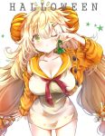  ;&lt; arm_up bangs blonde_hair blush breasts cardigan cleavage collarbone cowboy_shot dress eyebrows_visible_through_hair food_themed_hair_ornament girls_frontline green_eyes hair_between_eyes hair_ornament hair_scrunchie hairclip halloween heart heart-shaped_pupils holding large_breasts long_hair long_sleeves looking_at_viewer md5_mismatch melings_(aot2846) notice_lines one_eye_closed open_cardigan open_clothes orange_cardigan orange_sailor_collar orange_scrunchie pumpkin_hair_ornament red_neckwear s.a.t.8_(girls_frontline) sailor_collar sailor_dress scrunchie short_dress simple_background solo star symbol-shaped_pupils tears very_long_hair white_background white_dress 