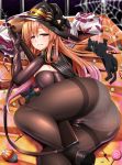  alternate_costume ass bangs black_footwear blush bolt_action breasts brown_hair candy candy_cane cape cat dress eyebrows_visible_through_hair food girls_frontline gloves green_eyes gun hair_between_eyes hair_rings halloween hat highres holding holding_gun holding_weapon large_breasts long_hair looking_at_viewer looking_back lying m1903_springfield m1903_springfield_(girls_frontline) mirisha panties panties_under_pantyhose pantyhose ponytail rifle shoes sidelocks skindentation smile solo underwear weapon white_panties witch_hat 