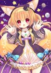  :d animal_ears black_hat blonde_hair blue_bow blush bow candy dress flower_knight_girl food fox_ears fox_tail frills ghost hair_bow hairband halloween hane. hat hoop_skirt kitsune_no_botan_(flower_knight_girl) lollipop long_hair looking_at_viewer mini_hat mini_top_hat multiple_tails open_mouth outstretched_hand purple_bow red_eyes smile solo swirl_lollipop tail top_hat white_dress yellow_hairband 