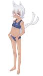  1girl animal_ears barefoot blue_eyes blush buruma cat_ears cat_tail dark_skin feet female full_body midriff navel neru_tanuki original short_hair simple_background solo sports_bra standing tail toes white_background white_hair 