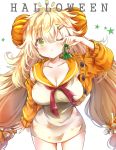  ;&lt; arm_up bangs blonde_hair blush breasts cardigan cleavage collarbone commentary cowboy_shot dress eyebrows_visible_through_hair food_themed_hair_ornament girls_frontline green_eyes hair_between_eyes hair_ornament hair_scrunchie hairclip halloween heart heart-shaped_pupils holding large_breasts long_hair long_sleeves looking_at_viewer melings_(aot2846) notice_lines one_eye_closed open_cardigan open_clothes orange_cardigan orange_sailor_collar orange_scrunchie pumpkin_hair_ornament red_neckwear revision s.a.t.8_(girls_frontline) sailor_collar sailor_dress scrunchie short_dress simple_background solo star symbol-shaped_pupils tears very_long_hair white_background white_dress 