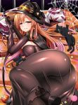  alternate_costume ass bangs blush bolt_action breasts brown_hair candy candy_cane cape cat commentary_request dress eyebrows_visible_through_hair food girls_frontline gloves green_eyes gun hair_between_eyes hair_rings halloween hat highres holding holding_gun holding_weapon large_breasts long_hair looking_at_viewer looking_back lying m1903_springfield m1903_springfield_(girls_frontline) mirisha pantyhose ponytail rifle sidelocks skindentation smile solo weapon witch_hat 