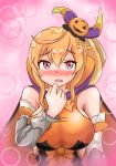  1girl animal_ears black_thighhighs blonde_hair blush bow breasts bunny_ears candy cygames dragalia_lost elbow_gloves elisanne fake_bunny_ears food garter_straps gloves halloween jack-o&#039;-lantern leotard lollipop long_hair looking_at_viewer lying medium_breasts nintendo orange_leotard ponytail pumpkin purple_eyes solo thighhighs thighs very_long_hair white_elbow_gloves white_gloves 