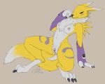  2018 anthro armwear black_sclera blue_eyes breasts claws clb clothing digimon digitigrade elbow_gloves female fur gloves grey_background multicolored_fur neck_tuft presenting presenting_pussy pubes pussy renamon simple_background solo spread_legs spreading thick_thighs tuft two_tone_fur white_fur wide_hips yellow_fur 