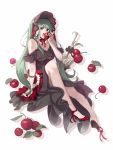  ankle_ribbon apple bad_id bad_pixiv_id black_dress brown_eyes choker ddaomphyo dress floating_hair food fruit full_body green_hair hatsune_miku high_heels highres holding holding_food holding_fruit jewelry long_dress long_hair looking_at_viewer neck_ribbon necklace open_mouth pumps red_footwear red_ribbon ribbon shoulder_cutout simple_background sitting solo twintails very_long_hair vocaloid white_background 