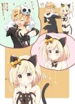  1girl :3 alternate_costume animal_ears bangs bare_shoulders black_bow black_bra black_choker black_legwear black_panties black_ribbon blonde_hair blush bow bra breasts brown_eyes cat_ears cat_tail check_translation choker djeeta_(granblue_fantasy) eyebrows_visible_through_hair fake_animal_ears feather_(granblue_fantasy) frills granblue_fantasy hair_between_eyes hair_bow hair_ornament halloween jack-o'-lantern jack-o'-lantern_hair_ornament kemonomimi_mode kurimomo large_breasts mask navel panties ribbon short_hair simple_background tail thighhighs translation_request underwear underwear_only wrist_ribbon 