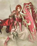  alba armor armored_boots boots brown_hair cape fire_emblem fire_emblem:_monshou_no_nazo gloves highres long_hair pink_eyes polearm sheema shield solo spear teeth weapon 