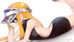  artist_name bare_shoulders blue_eyes blush breasts cursive english hat hat_pin highres inkling kashu_(hizake) long_hair looking_at_viewer lying on_stomach orange_hair pointy_ears sandals shadow sideways_glance signature simple_background small_breasts solo splatoon_(series) tentacle_hair the_pose thighs visor_cap watermark white_background 