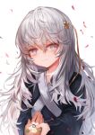  blue_eyes blue_nails bright_pupils commentary_request crying crying_with_eyes_open dokomon eyebrows_visible_through_hair flower girls_frontline grey_hair hair_ornament head_tilt highres jewelry korean_commentary long_hair long_sleeves military military_uniform nail_polish out_of_frame petals pov ribeyrolles_1918_(girls_frontline) ring simple_background smile solo_focus tears uniform very_long_hair white_background white_flower 