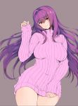  3yuki breasts commentary_request covered_navel fate/grand_order fate_(series) grey_background hair_intakes large_breasts long_hair long_sleeves looking_at_viewer purple_hair purple_sweater red_eyes ribbed_sweater scathach_(fate)_(all) scathach_(fate/grand_order) simple_background smile solo sweater thighs turtleneck turtleneck_sweater work_in_progress 